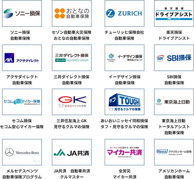 ソニー損保 自動車保険 セゾン自動車火災保険 おとなの自動車保険 チューリッヒ保険会社 自動車保険 楽天損保 ドライブアシスト アクサダイレクト 自動車保険 三井ダイレクト損保  自動車保険 イーデザイン損保 自動車保険 SBI損保 自動車保険 セコム損保 セコム安心マイカー保険 三井住友海上 GK 見守るクルマの保険 あいおいニッセイ同和損保 タフ・見守るクルマの保険 東京海上日動  トータルアシスト 自動車保険 メルセデスベンツ 自動車保険プログラム JA共済　自動車共済 クルマスター 全労災 マイカー共済 アメリカンホーム 自動車保険